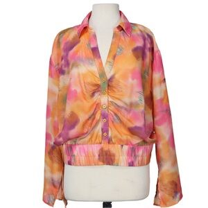 Rouge Collection Women's Blouse Longsleeve Colorful Summer Size 3X Orange Collar